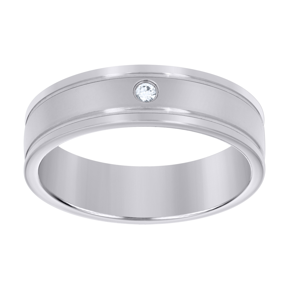 Stainless Steel CZ Double Grooved Polished Size-10 Comfort-Fit Band Ring